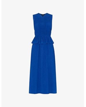 Whistles V-Neck Shirred Sleeveless Woven Midi Dress - Blue