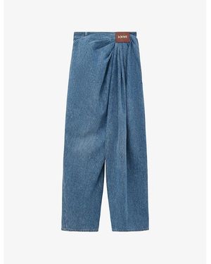 Loewe Draped Logo-Patch Barrel-Leg Denim Jeans - Blue