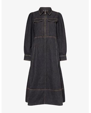 ME+EM Classic-Collar Zip-Front Denim Midi Dress - Black