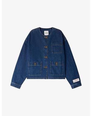 Sandro Buttoned Round-Neck Denim Jacket - Blue