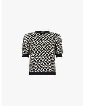 Valentino Garavani Geometric-Pattern Short-Sleeve Wool Knitted Top - Black