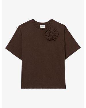 Claudie Pierlot Flower-Embellished Short-Sleeved Cotton-Jersey T-Shirt - Brown