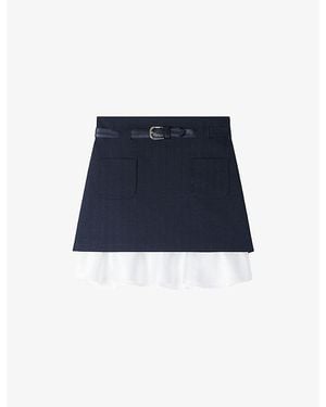 Sandro Ruffled-Hem Belted Woven Mini Skirt - Blue