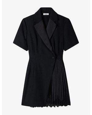 Sandro Wraparound Lapel-Collar Wool-Blend Mini Dress - Black