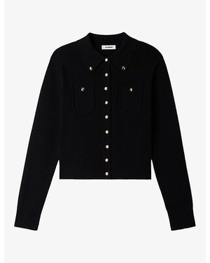 Sandro Button-Embellished Patch-Pocket Wool-Blend Cardigan - Black