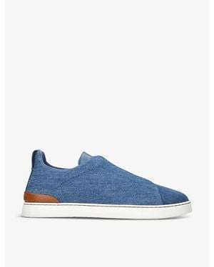 ZEGNA Triple Stitch Contrast-Sole Denim Low-Top Trainer - Blue