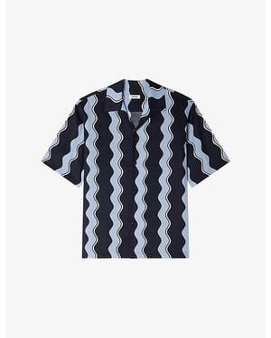 Sandro Printed Short-Sleeve Linen-Blend Shirt - Blue