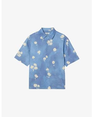Sandro Floral-Print Regular-Fit Stretch Linen-Blend Shirt - Blue