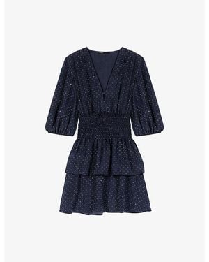 Maje Rhinestone-Embellished Ruffled Woven Mini Dress - Blue