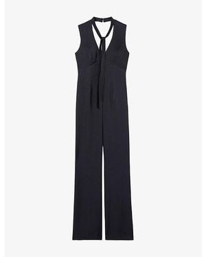 Claudie Pierlot Tie-Neck Flared Satin Jumpsuit - Blue