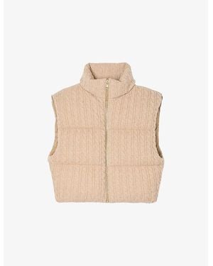 Sandro Short Sleeveless Cable-Knit Wool Puffer Jacket - Natural