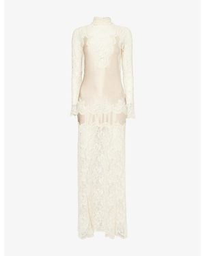 Rabanne High-Neck Long-Sleeve Stretch-Lace Maxi Dress - White