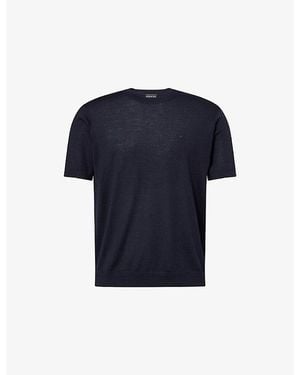 Emporio Armani Travel Logo-Embroidered Knit Wool T-Shirt - Blue
