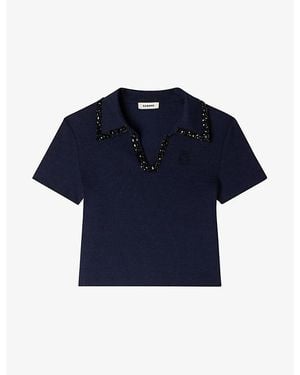 Sandro Beaded-Collar Stretch-Cotton Polo Shirt - Blue