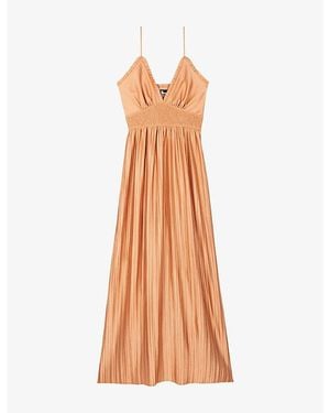The Kooples V-Neck Shirred-Waist Woven Maxi Dress - Orange