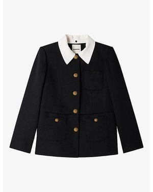 Sandro Contrast-Collar Button-Down Wool Jacket - Black