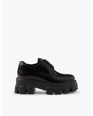 Prada Monolith Brushed Leather Lace-Up Shoes - Black