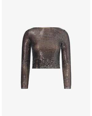 Self-Portrait Boat-Neck Rhinestone-Embellished Top - Black