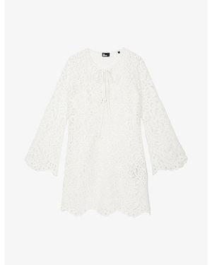 The Kooples Tie-Neck Long-Sleeve Lace Mini Dress - White
