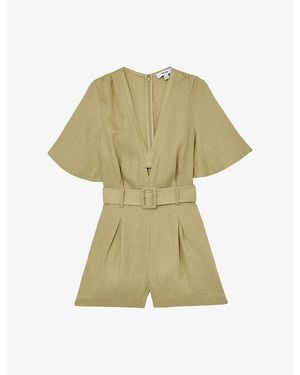 Reiss Sansi Short-Sleeve Belted Linen Playsuit - Green