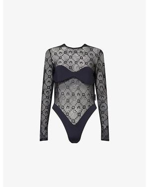 Marine Serre Moonogram Flock Mesh Bodysuit Top - Grey