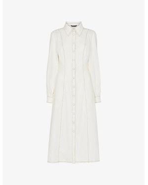 Whistles Harlowe Shirred-Waist Long-Sleeve Denim Midi Dress - White