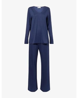 Hanro Long-Sleeves Straight-Leg Cotton-Jersey Pyjama Set - Blue