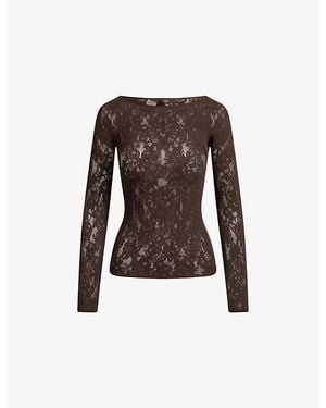 Skims Boat Neck Knit Lace Top - Brown