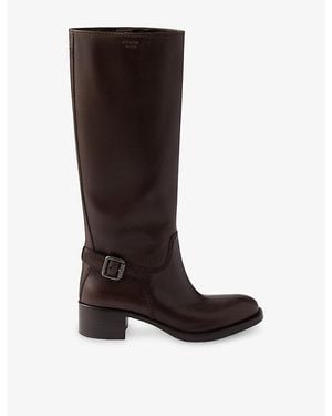 Prada Buckle Leather Heeled Knee-High Boots - Brown