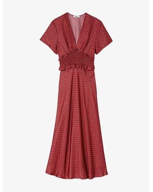 Sandro Scarf-Print V-Neck Woven Maxi Dress - Red