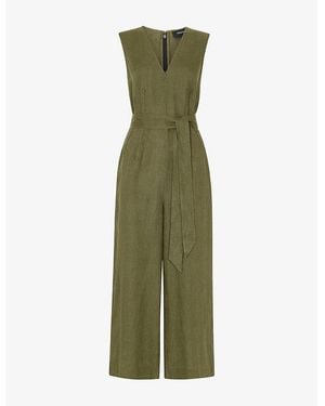 Whistles V-Neck Belted-Waist Linen Jumpsuit - Green