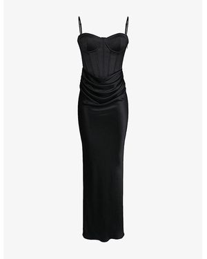 House Of Cb Valentina Draped Corset Satin Maxi Dress Xs (A-C Cup) - Black