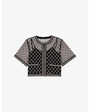 Maje Bead-Embroidered Short-Sleeve Tulle Top - Black