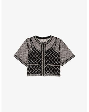 Maje Bead-Embroidered Short-Sleeve Tulle Top - Black