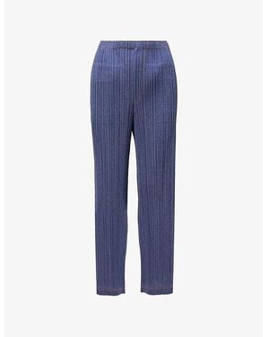 Pleats Please Issey Miyake Wide-Leg Pleated Denim-Look Knitted Pants - Blue