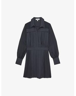 Reiss Giselle Sheer-Sleeve Pleated Woven Mini Dress - Blue