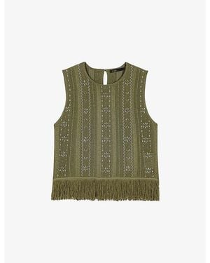 Maje Fringed Rhinestone-Embellished Woven Top - Green
