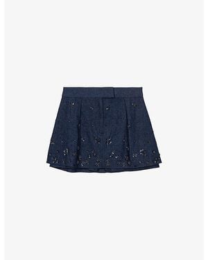 Maje Layered Sequin-Embroidered Denim Shorts - Blue