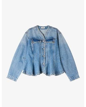 Sandro Peplum-Hem Beaded-Trim Denim Jacket - Blue