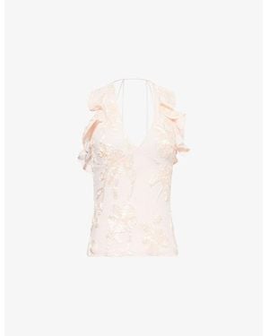 ROTATE BIRGER CHRISTENSEN 3D Floral-Embroidered Ruffle Stretch-Woven Top - White