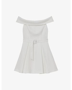 Reiss Arwen Belted-Waist Bardot Stretch-Woven Mini Dress - White