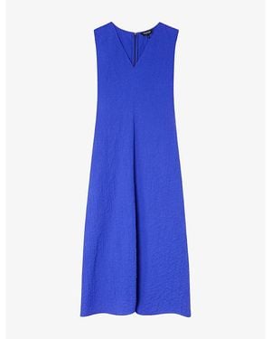 Whistles Textured V-Neck Stretch-Cotton Midi Dress - Blue