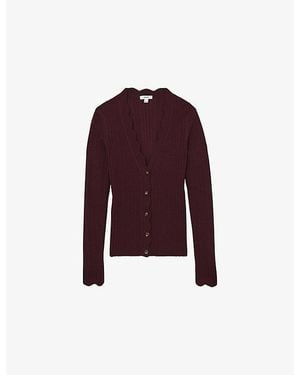 Reiss Vinny Scallop-Trim Ribbed-Knit Cardigan - Purple