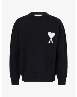 Ami Paris Contrast Intarsia-Logo Wool Sweater - Blue