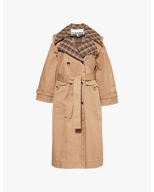 Ganni Check-Print Oversized Cotton Trench Coat - Natural