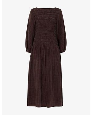 Whistles Checked Shirred-Bodice Woven Midi Dress - Brown