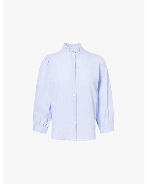ME+EM Striped Pouf-Sleeve Cotton-Seersucker Blouse - Blue