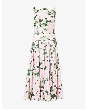 Carolina Herrera Floral-Print Drop-Waist Cotton-Blend Midi Dress - White