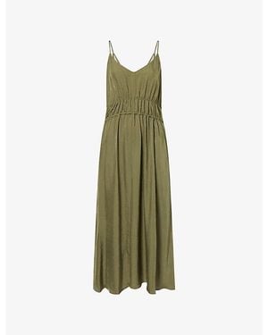 Theory Gathered V-Neck Woven Maxi Dress - Green