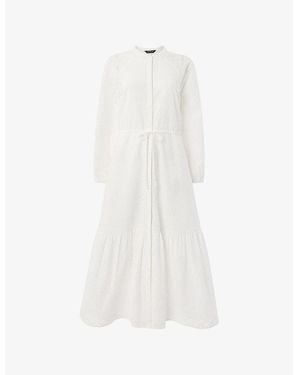Whistles Broderie Tie-Waist Cotton Midi Dress - White